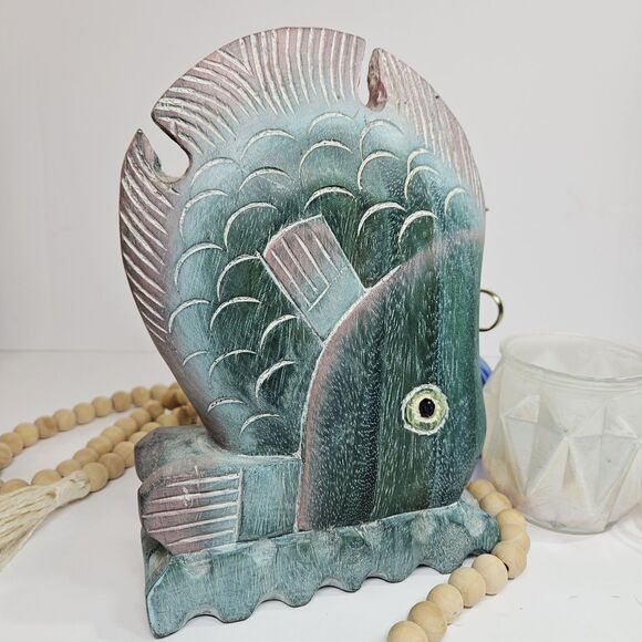 Vtg Nautical Hand Carved Thailand Wood Tropical Fish Hand Painted 3D Green Pink - Picture 12 of 12